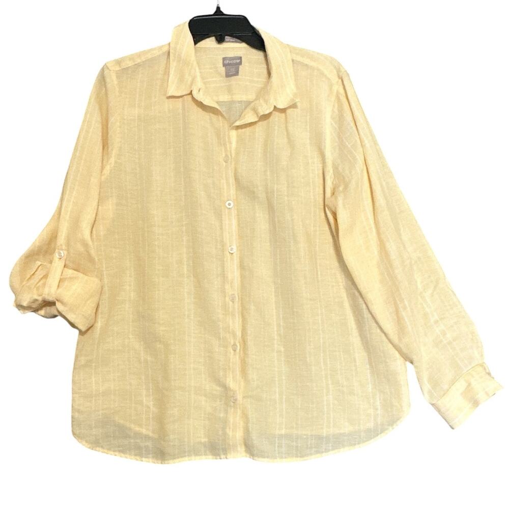 Chico's No-Iron Linen Shirt Striped Roll-Tab Yellow Collared Women's Sz 14 large